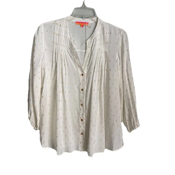 Vilagallo Tops - Vilagallo Ivory Metallic Dot V-Neck 3/4 Sleeve Button Front Top Size 40,